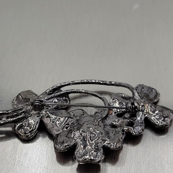 Vintage Enamel Brooch Pin 3" Brown Orange Flower Bouquet Rhinestone AB‎ Flecked - Picture 2 of 14